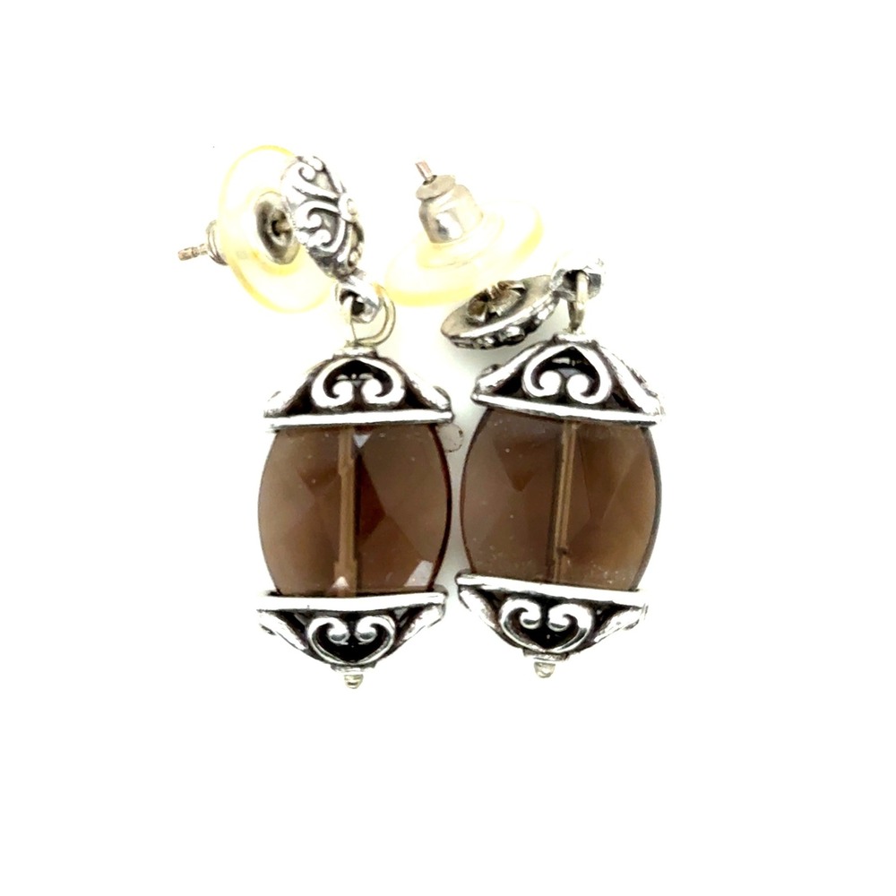 Brighton Night Mist Smoky Brown Faceted Glass Silver Tone Scroll Drop Earrings